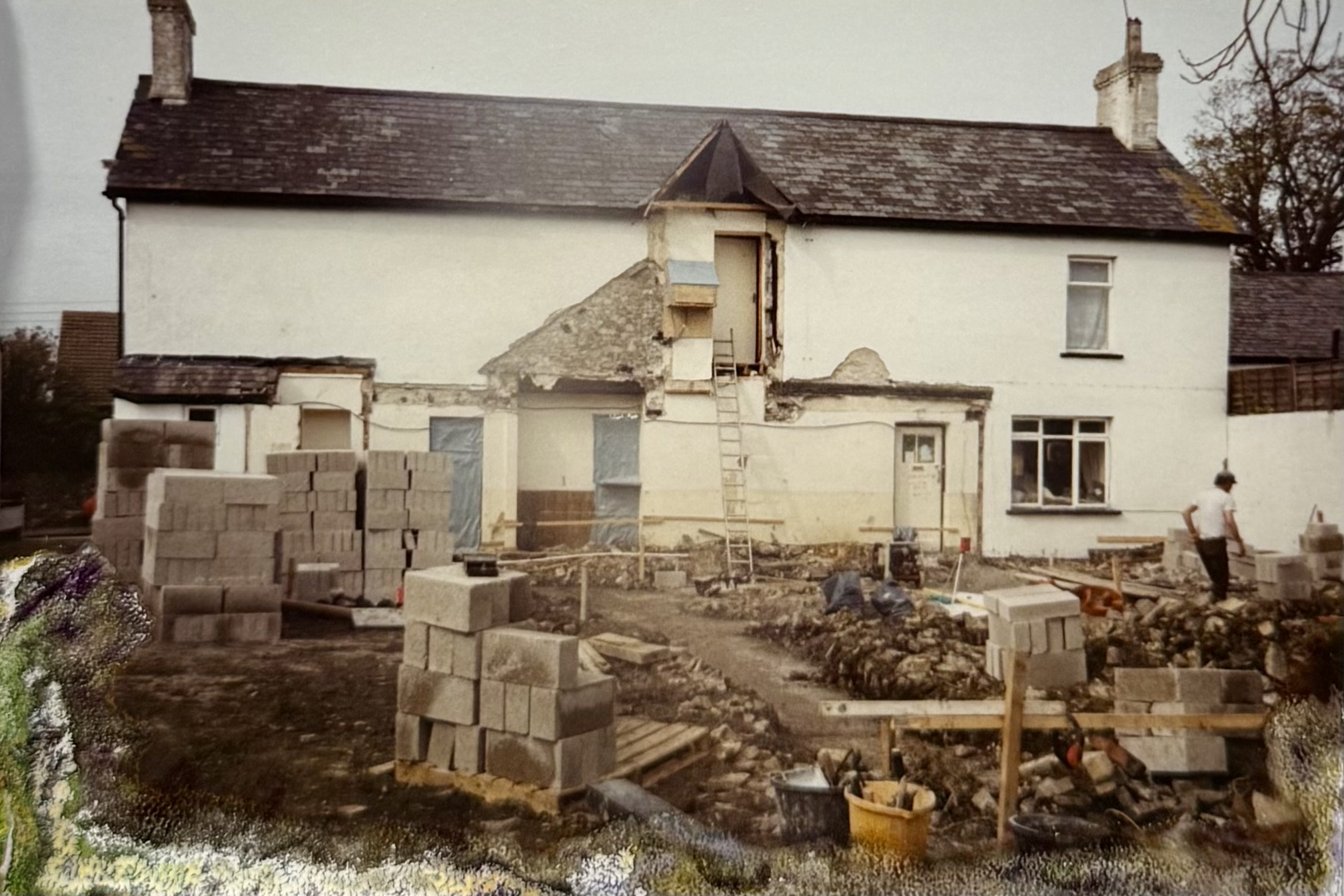Same as above, but some breeze blocks have been placed nearby ready to be used to build the Function Room, kitchen, back porch, and corridor.