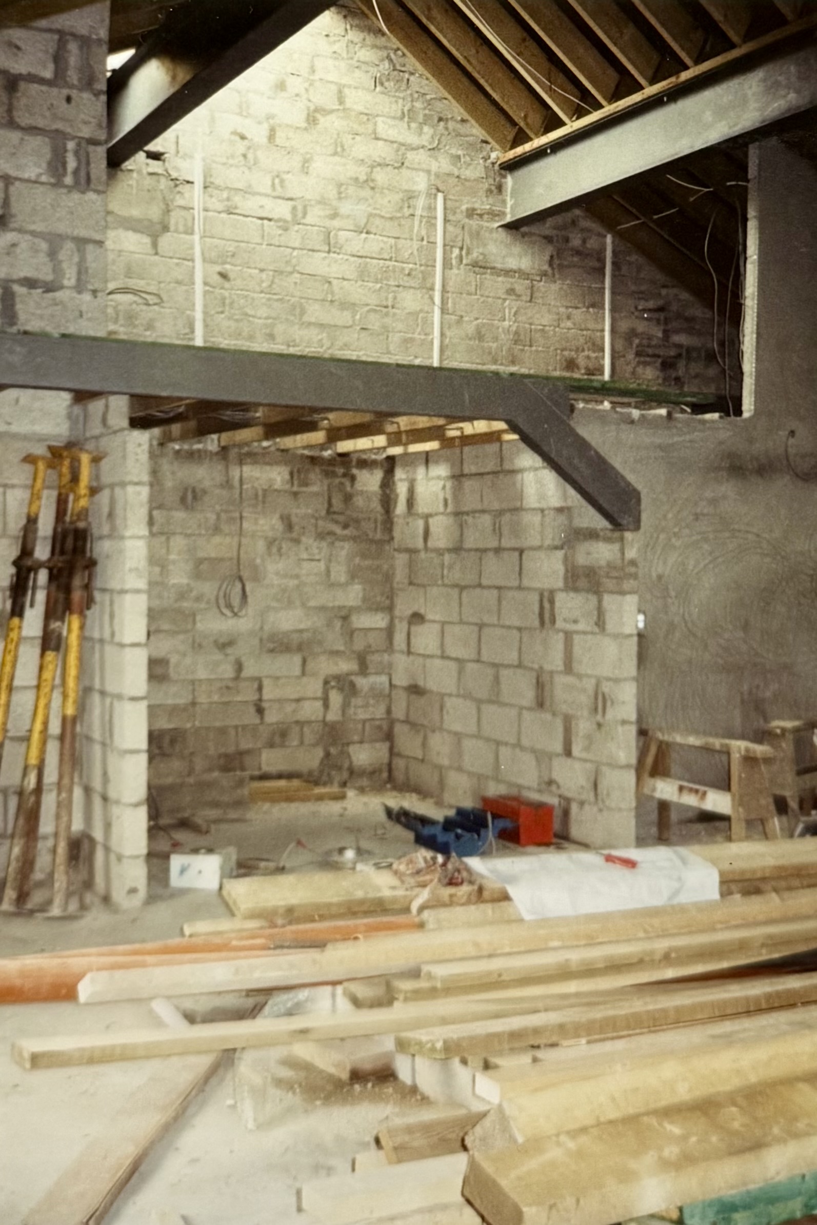 Under construction, inside the Function Room. You can see what is now the upstairs Minstrel Gallery, and the Function Room bar. The stairs have not yet been built.