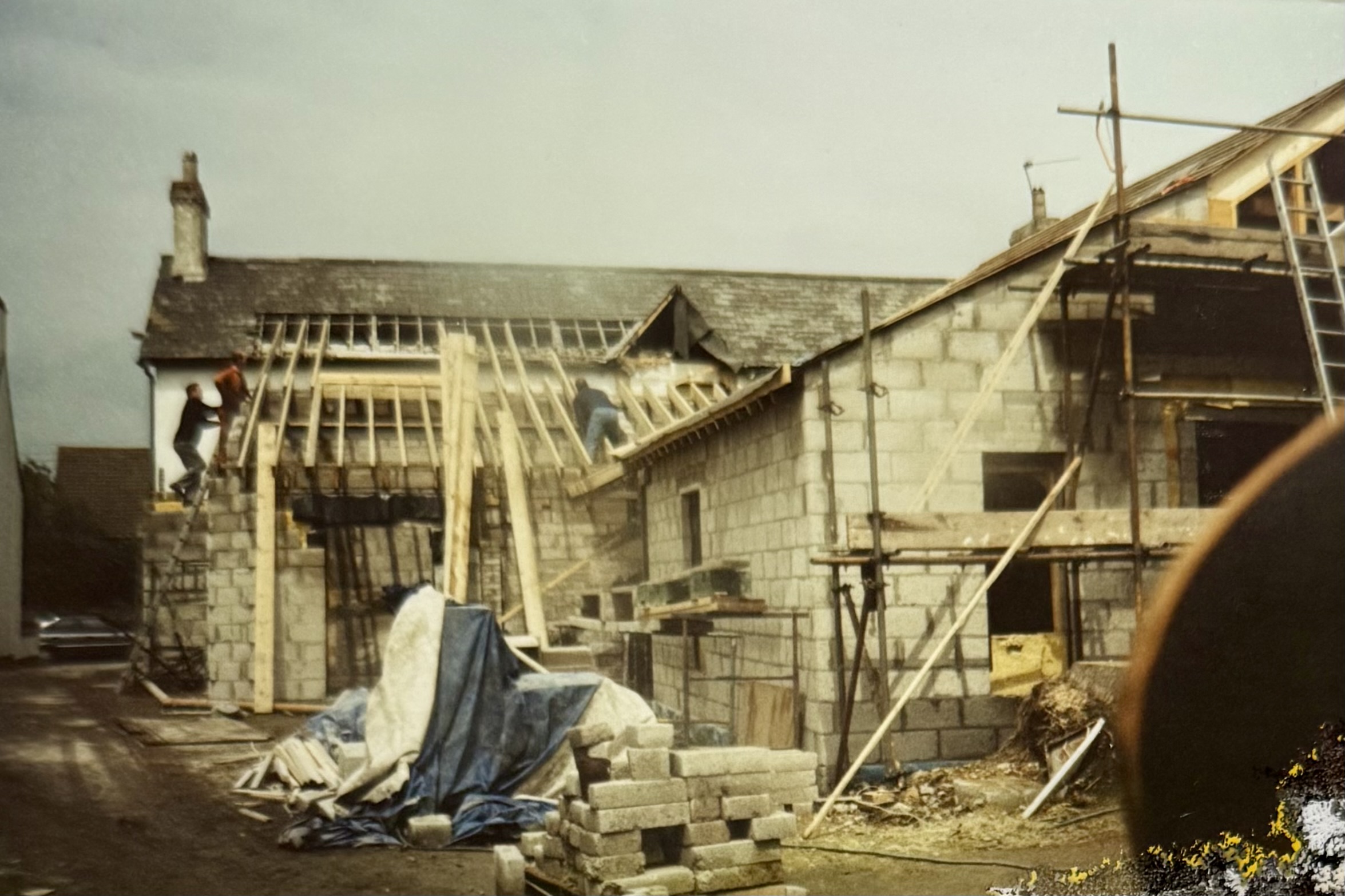 Major roof construction at the back of the pub.
