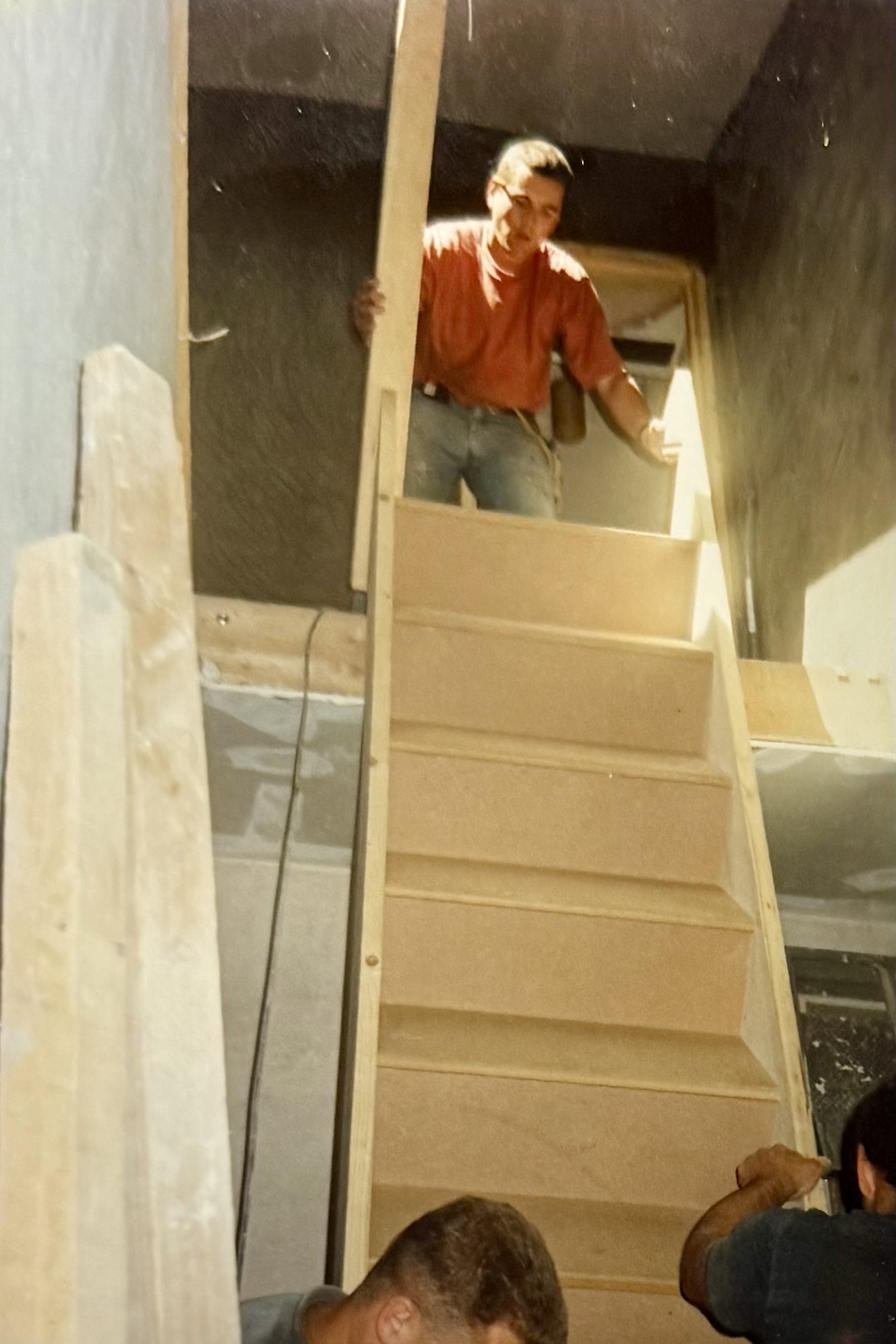 The stairs being fitted, which lead to the upstairs accommodation above the pub.