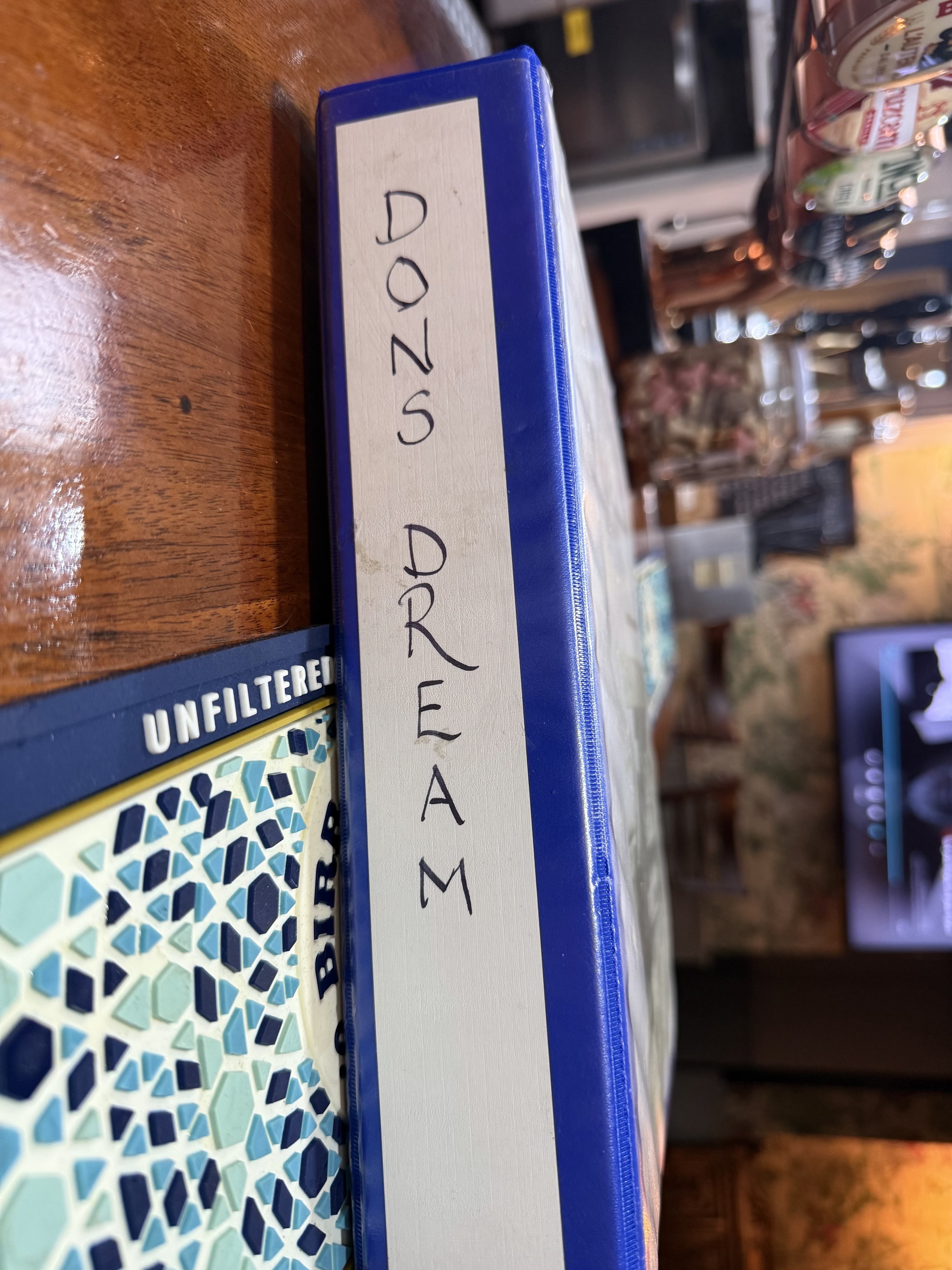A ring binder folder, showing DON'S DREAM written down the spine.